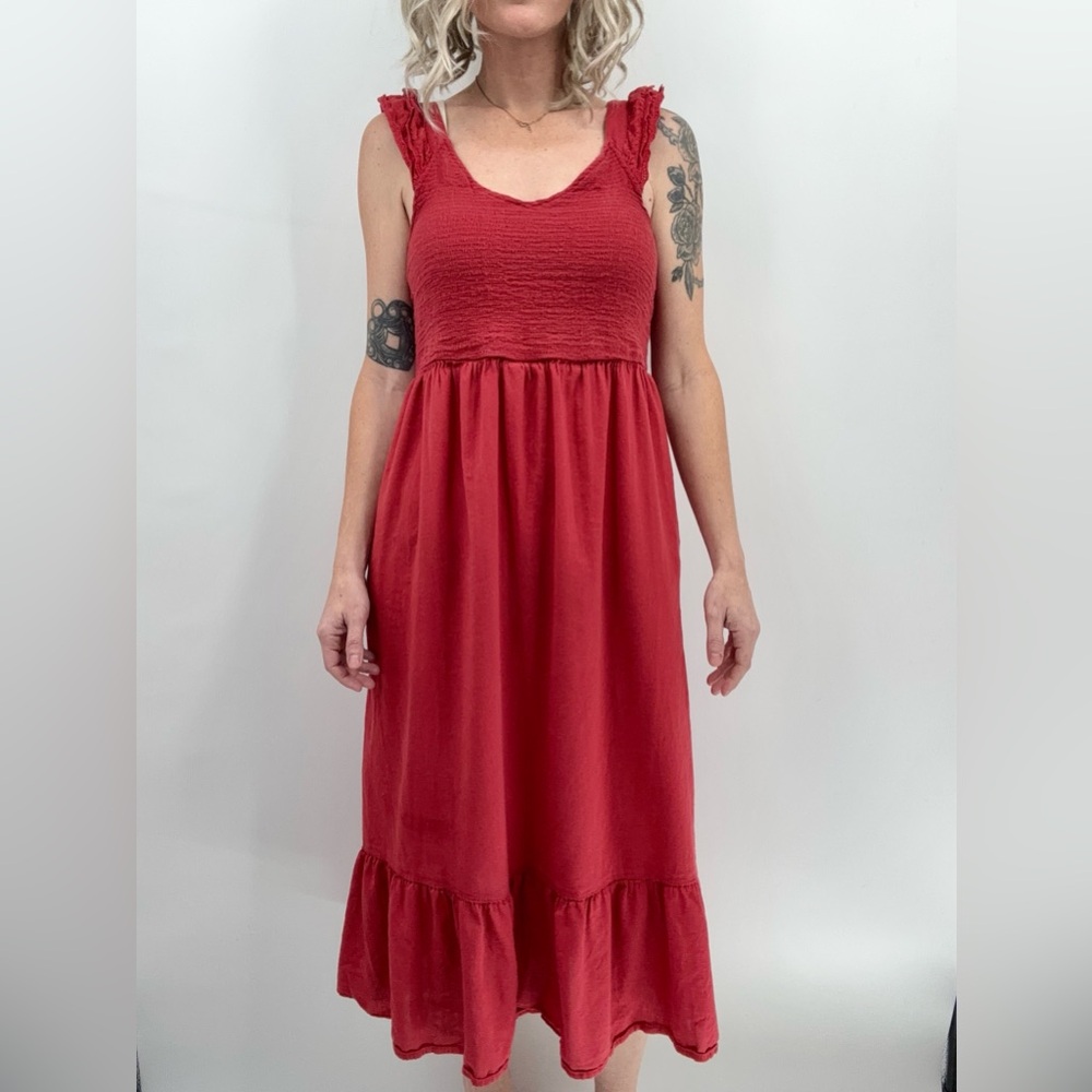 Old Navy Cottagecore Dress Women’s M Red Prairie Smocked Ruffles Pockets Midi